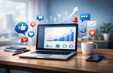 Laptop on a desk showing analytics dashboard and rising growth charts, surrounded by social media icons, representing modern digital marketing for small businesses.