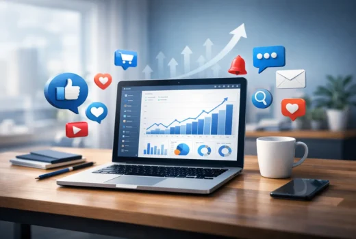 Laptop on a desk showing analytics dashboard and rising growth charts, surrounded by social media icons, representing modern digital marketing for small businesses.