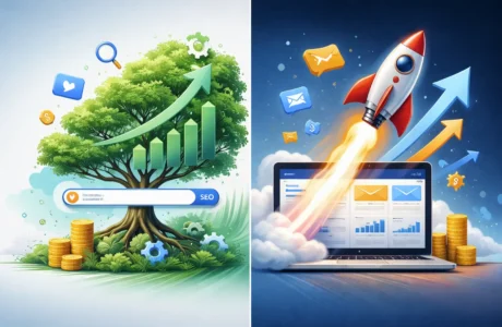 Split-screen illustration with organic growth tree on the left for SEO and rocket launch on the right for paid ads, highlighting the contrast between SEO and paid advertising strategies.