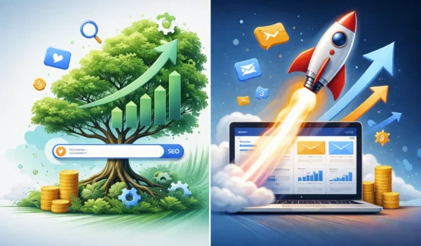Split-screen illustration with organic growth tree on the left for SEO and rocket launch on the right for paid ads, highlighting the contrast between SEO and paid advertising strategies.