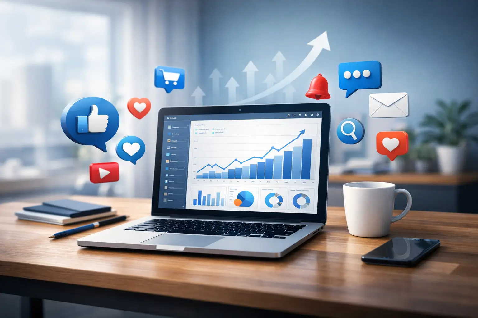 Laptop on a desk showing analytics dashboard and rising growth charts, surrounded by social media icons, representing modern digital marketing for small businesses.