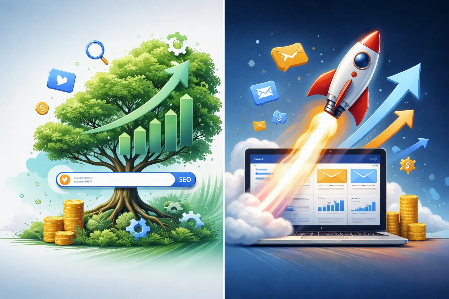 Split-screen illustration with organic growth tree on the left for SEO and rocket launch on the right for paid ads, highlighting the contrast between SEO and paid advertising strategies.