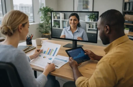 Diverse remote digital marketing team collaborating across locations for small business clients