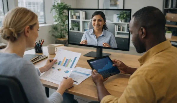 Diverse remote digital marketing team collaborating across locations for small business clients