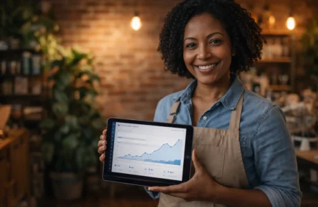 Small business owner holding a tablet showing digital marketing analytics in her shop