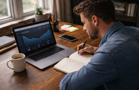 Small business owner looking at low website traffic on a laptop in a small office