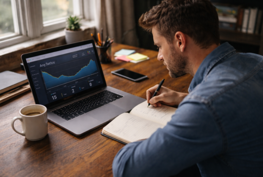 Small business owner looking at low website traffic on a laptop in a small office