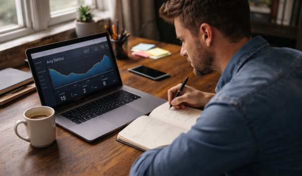 Small business owner looking at low website traffic on a laptop in a small office