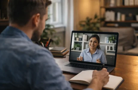 Small business owner on a video call with a digital marketing consultant