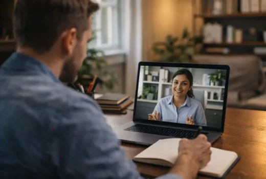 Small business owner on a video call with a digital marketing consultant