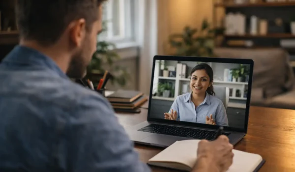 Small business owner on a video call with a digital marketing consultant