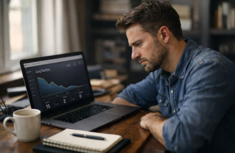 Small business owner reviewing website analytics on laptop looking for more leads