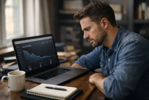 Small business owner reviewing website analytics on laptop looking for more leads