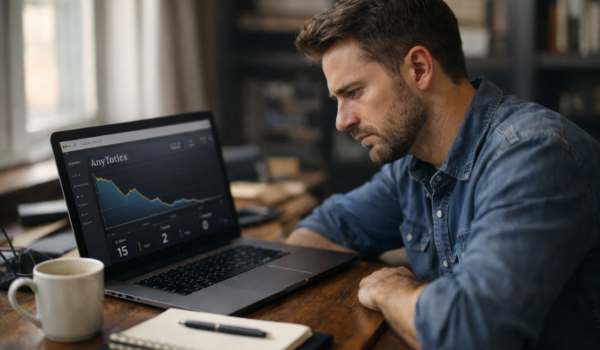 Small business owner reviewing website analytics on laptop looking for more leads