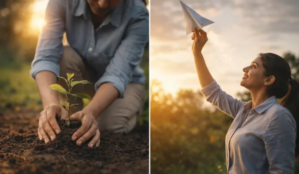 Split scene showing SEO growth as a tree sapling versus Google Ads as a rocket launch for small business