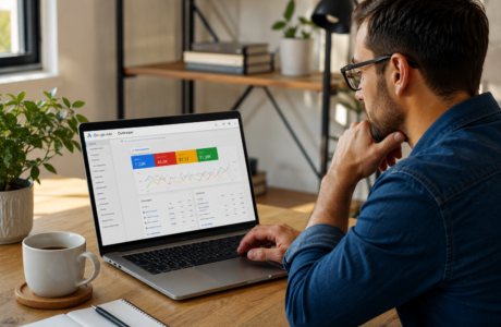 Small business owner reviewing Google Ads budget and performance on a laptop