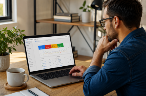 Small business owner reviewing Google Ads budget and performance on a laptop