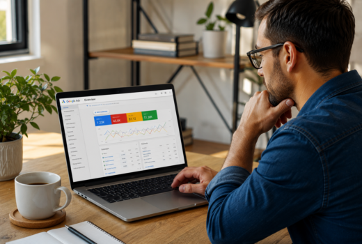 Small business owner reviewing Google Ads budget and performance on a laptop