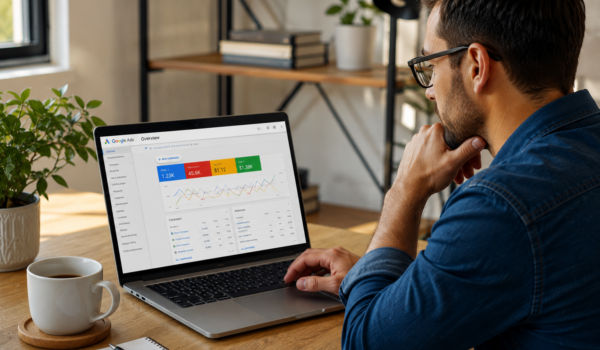 Small business owner reviewing Google Ads budget and performance on a laptop