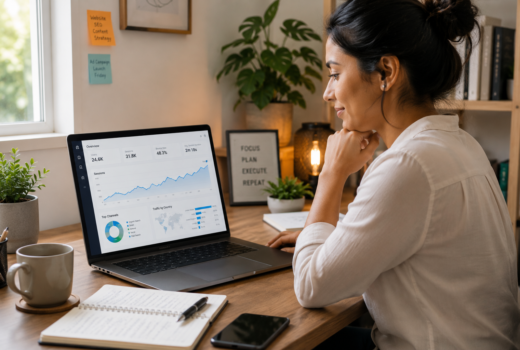 Small business owner reviewing website traffic analytics on a laptop looking for affordable digital marketing solutions