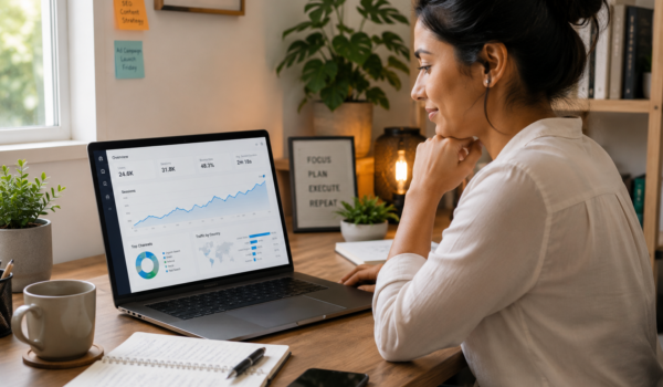 Small business owner reviewing website traffic analytics on a laptop looking for affordable digital marketing solutions
