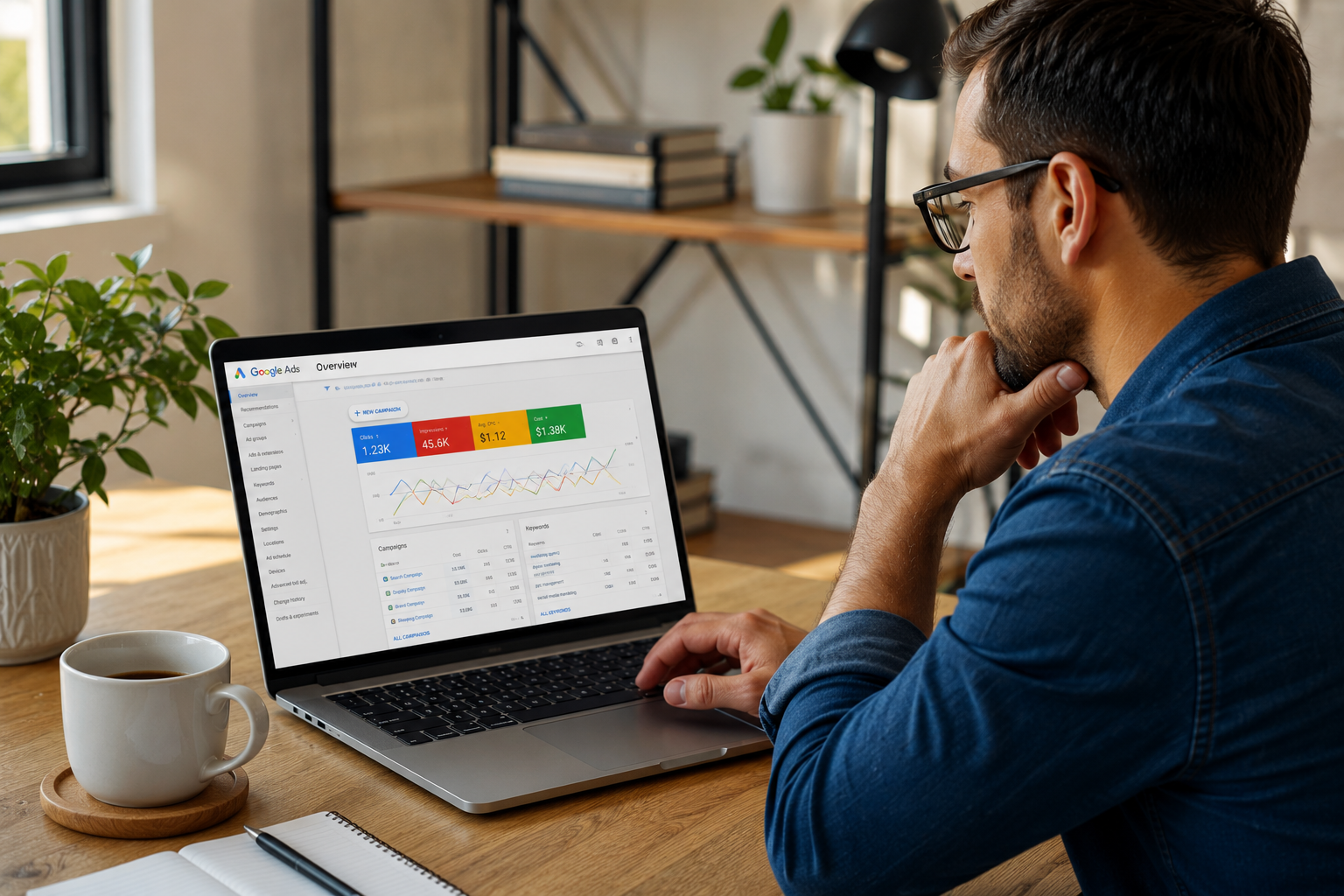 Small business owner reviewing Google Ads budget and performance on a laptop