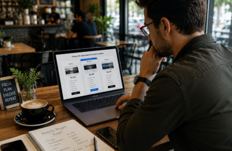 Small business owner reviewing website design quotes and pricing on a laptop