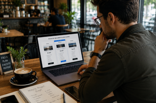 Small business owner reviewing website design quotes and pricing on a laptop