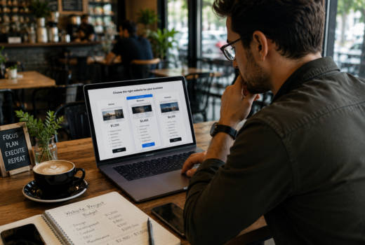 Small business owner reviewing website design quotes and pricing on a laptop