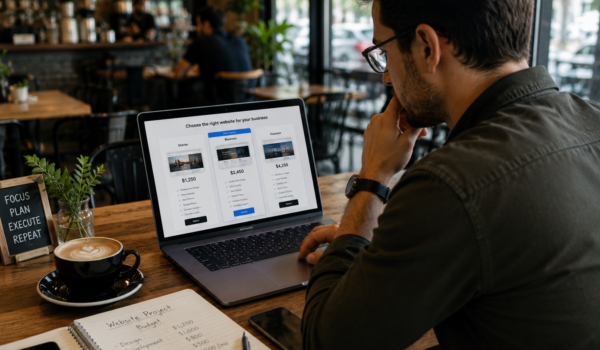 Small business owner reviewing website design quotes and pricing on a laptop