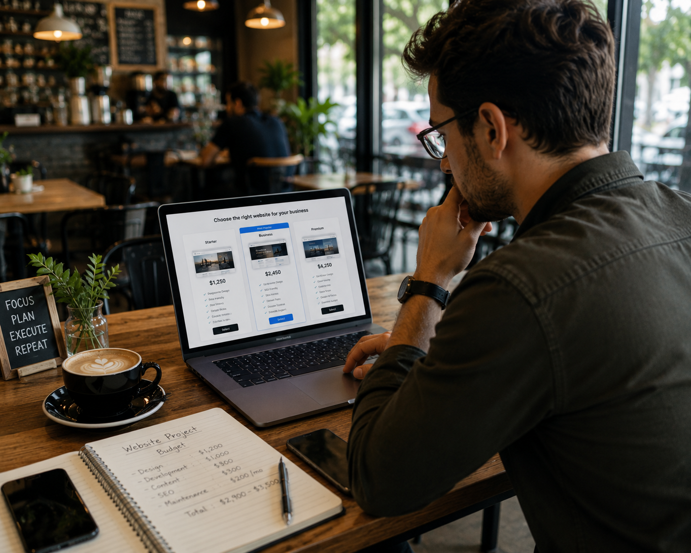 Small business owner reviewing website design quotes and pricing on a laptop