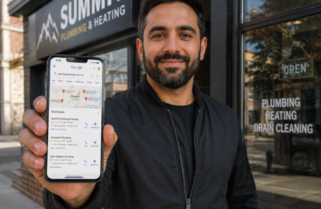 Small business owner checking local SEO rankings on a smartphone showing Google Maps results