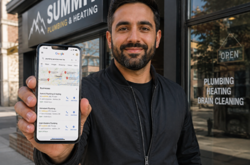 Small business owner checking local SEO rankings on a smartphone showing Google Maps results