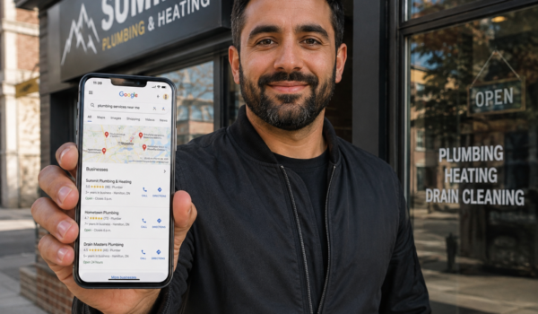Small business owner checking local SEO rankings on a smartphone showing Google Maps results