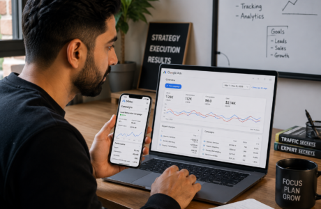 Small business owner comparing Google Ads and Meta Ads performance dashboards on a laptop and phone