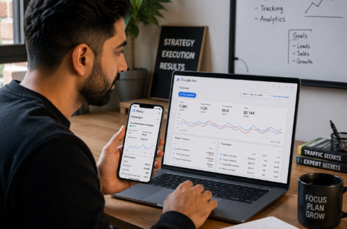 Small business owner comparing Google Ads and Meta Ads performance dashboards on a laptop and phone