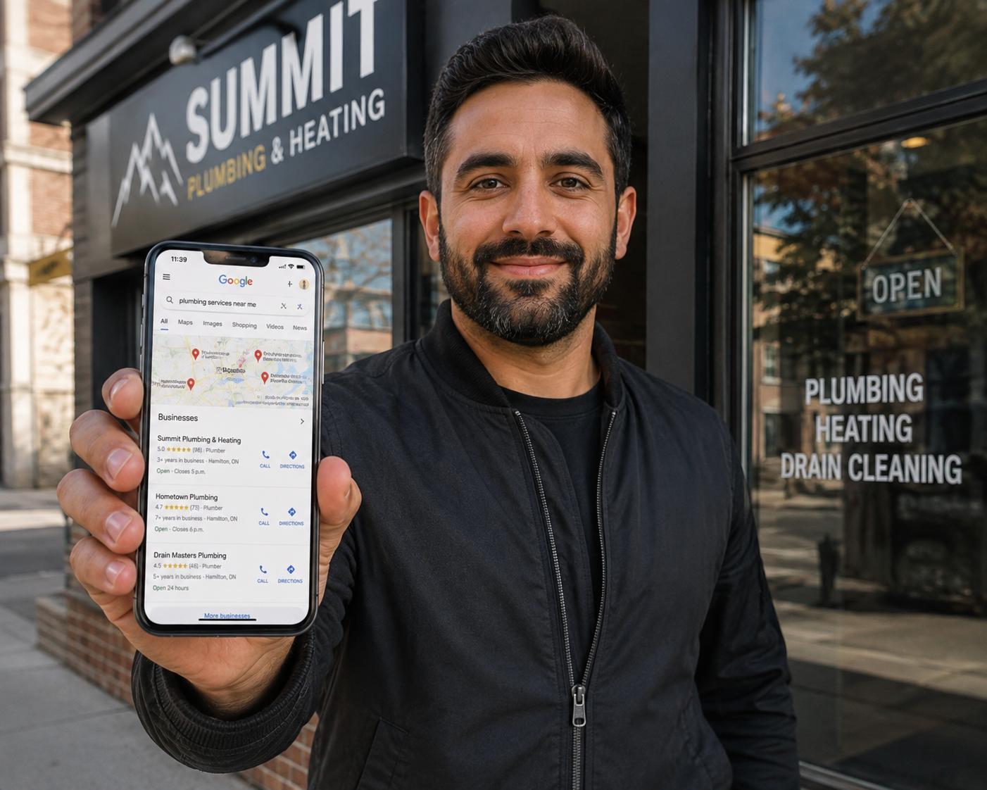 Small business owner checking local SEO rankings on a smartphone showing Google Maps results