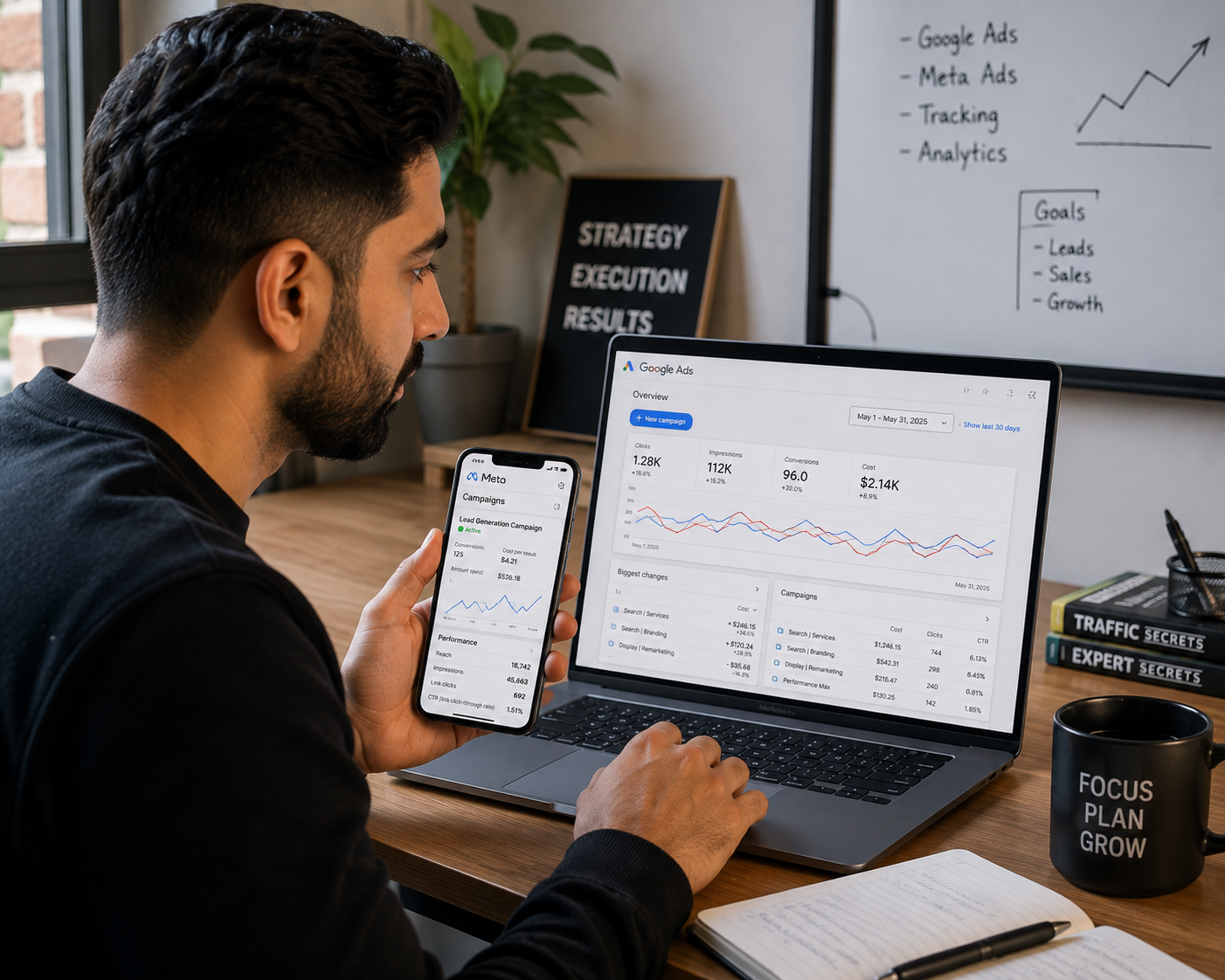 Small business owner comparing Google Ads and Meta Ads performance dashboards on a laptop and phone