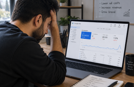 Small business owner frustrated looking at Google Ads dashboard showing high spend and low conversions