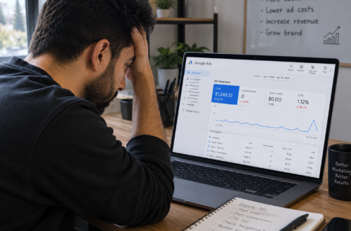 Small business owner frustrated looking at Google Ads dashboard showing high spend and low conversions