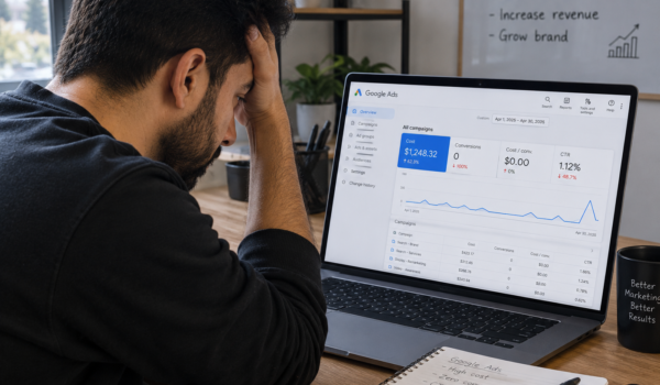 Small business owner frustrated looking at Google Ads dashboard showing high spend and low conversions