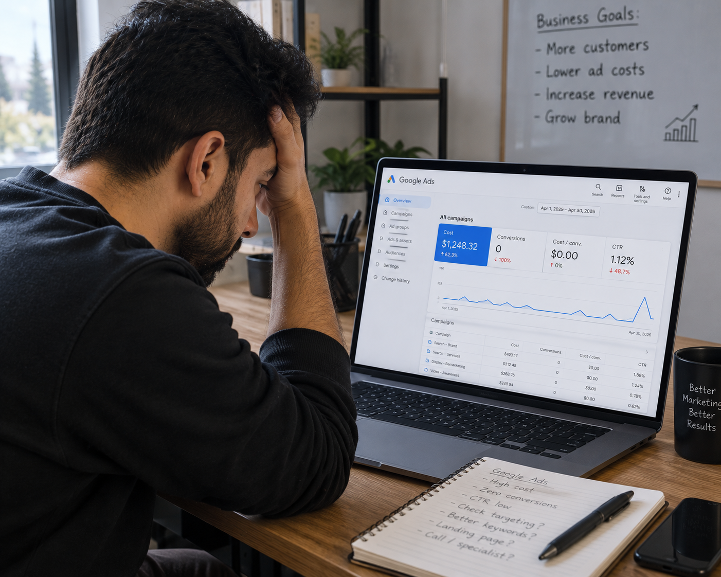 Small business owner frustrated looking at Google Ads dashboard showing high spend and low conversions
