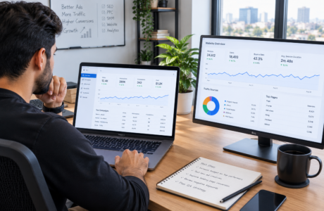 Agency owner reviewing white label digital marketing reports on laptop with client campaign dashboards visible on screen