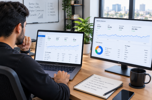 Agency owner reviewing white label digital marketing reports on laptop with client campaign dashboards visible on screen