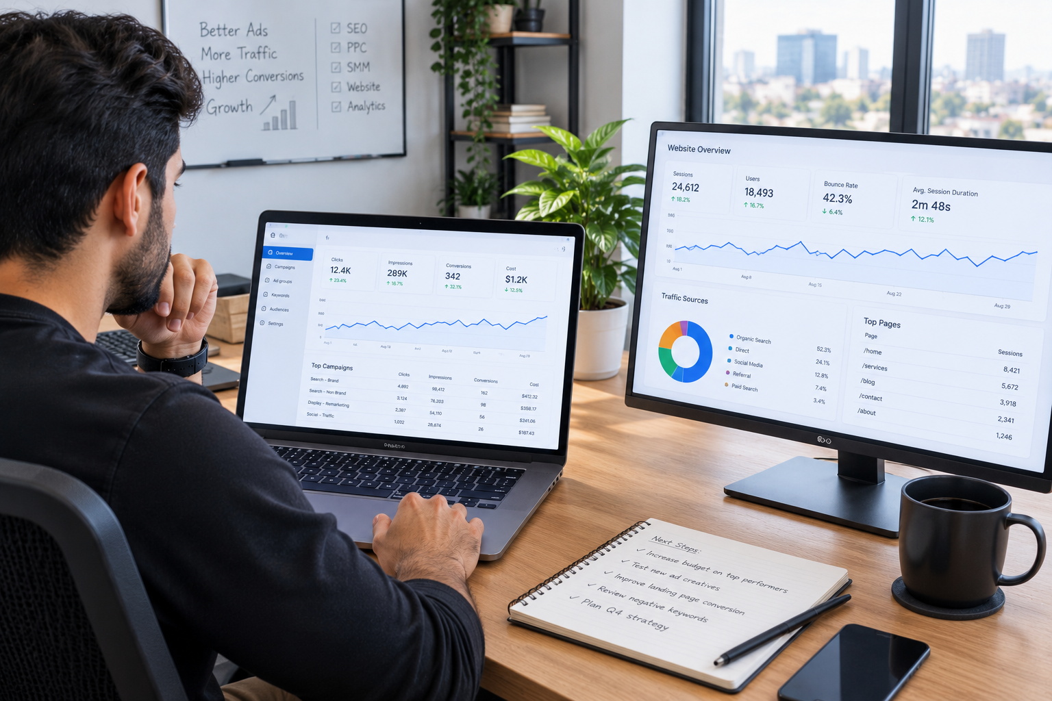 Agency owner reviewing white label digital marketing reports on laptop with client campaign dashboards visible on screen